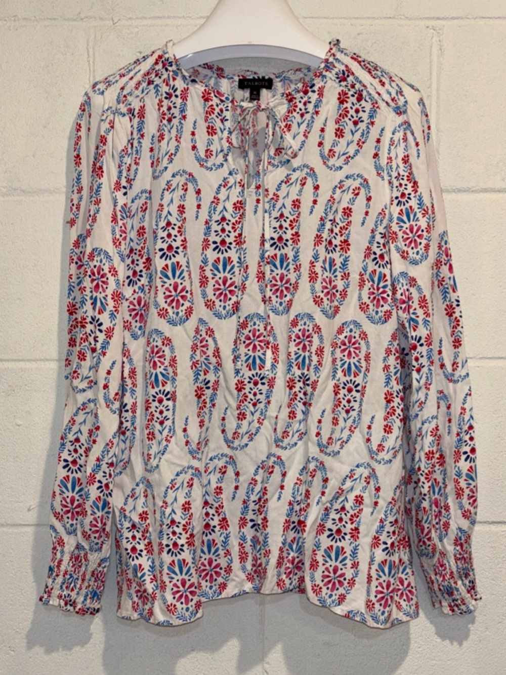 Talbots Women’s peasant top white red paisley cottagecore long sleeve size M